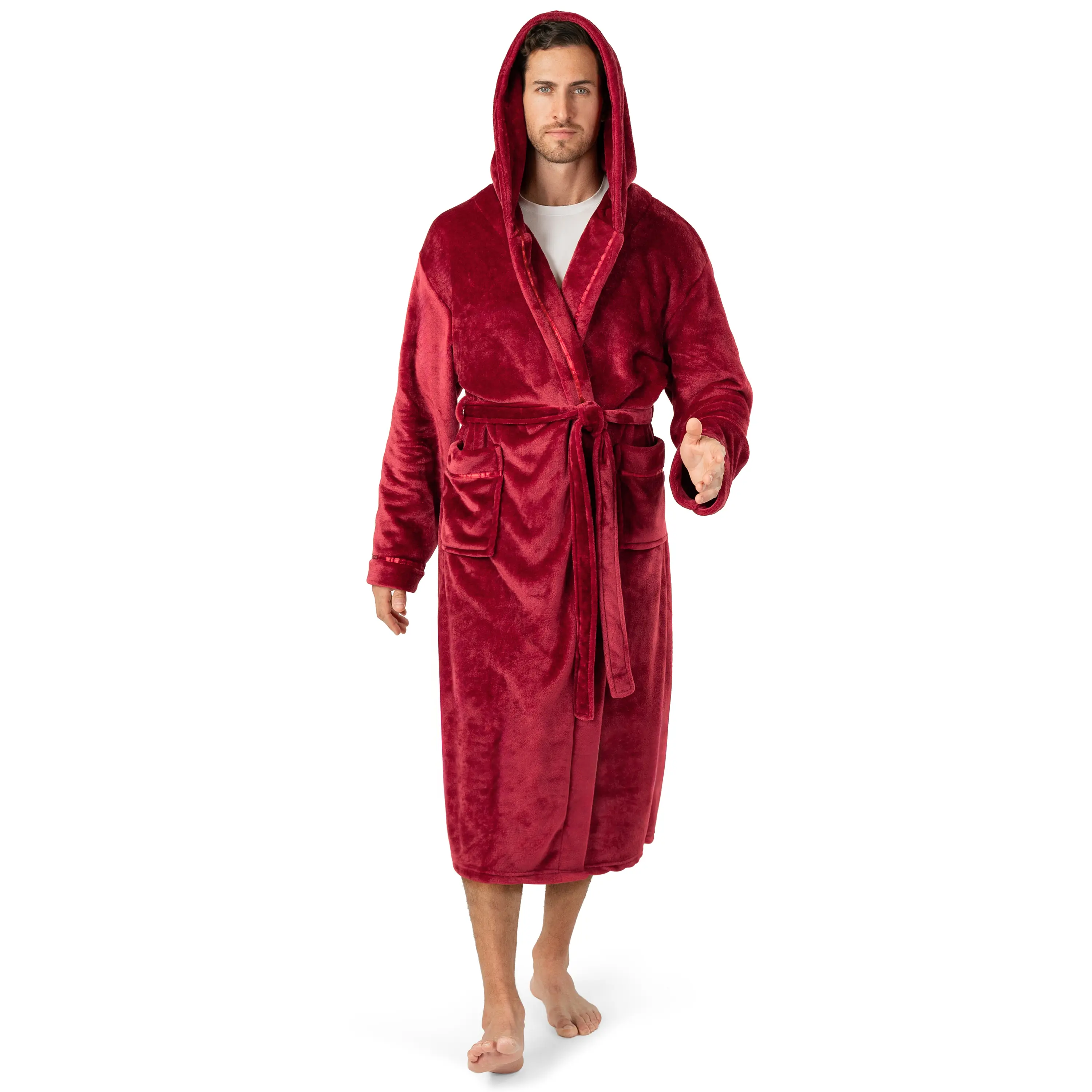 PAVILIA Men's Hooded Fleece Bathrobe - Plush Long Loungewear Robe with Pockets and Satin Trim