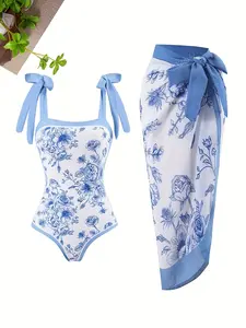 Women's One-Piece Halter Neck Swimsuit Set, Casual Fitted Beach Long Dress, Plain Pattern, Perfect for Summer Swimwear