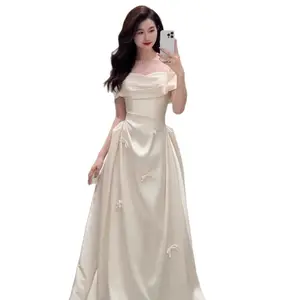 French Satin Off-the-Shoulder Light Wedding Dress – 2026 New Style, Elegant Reception & Leaving Ceremony Gown, Minimalist Engagement Dress for Bride