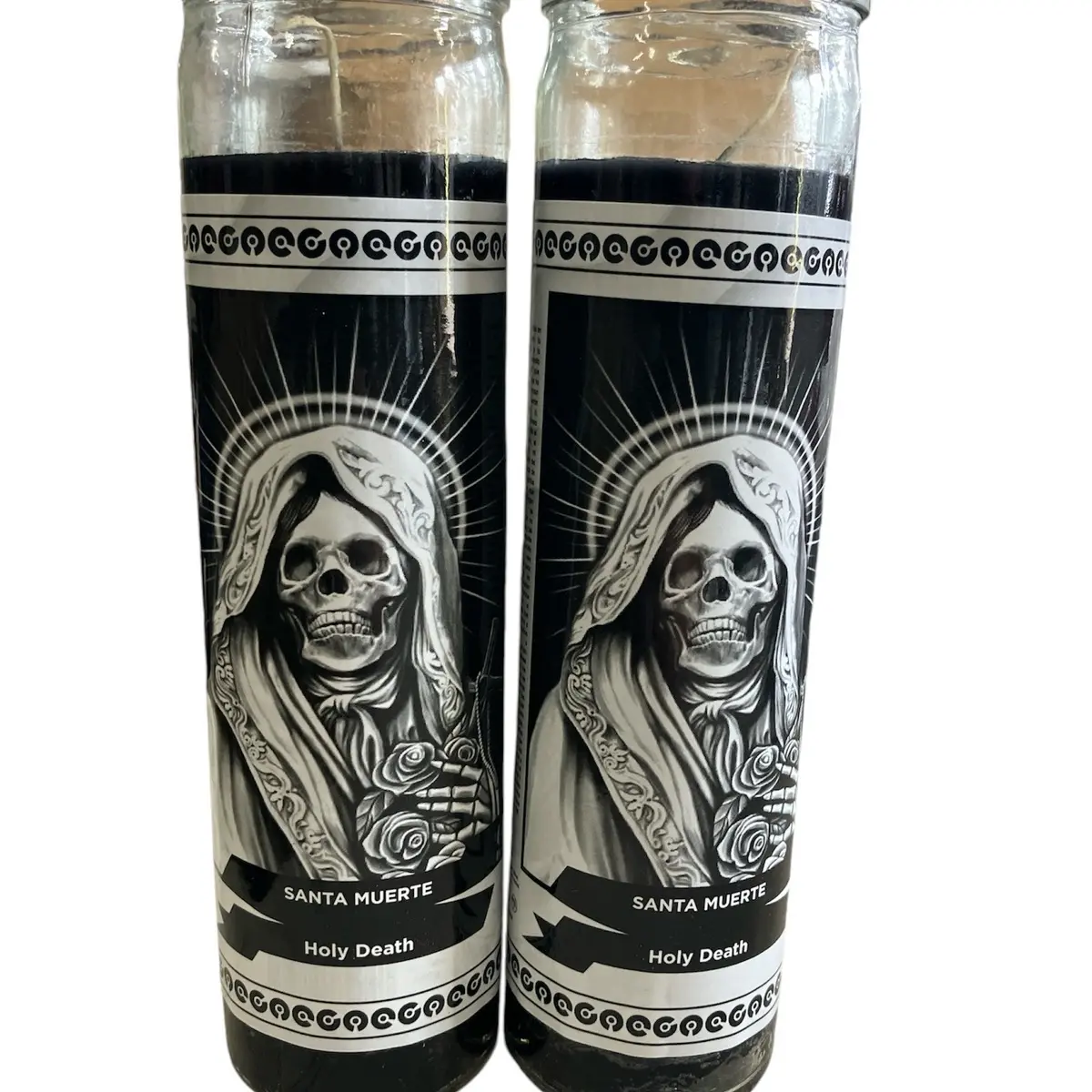 Santa Muerte (2) glass black candles Santeria Ifa OSHA Palo Santo Decor Ornaments Decoration