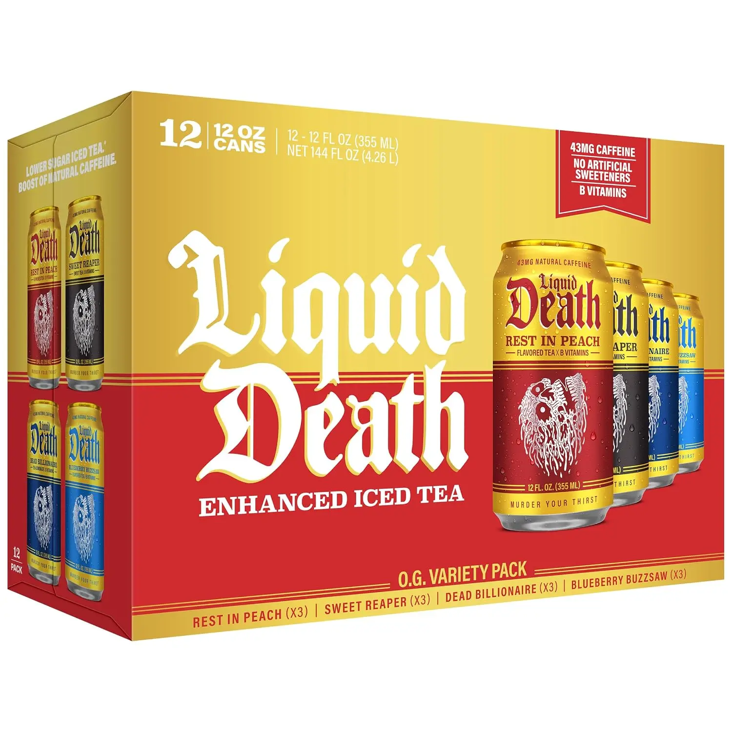 Liquid Death Iced Tea - O.G. Variety, Less Sugar*, Boost of Caffeine, B Vitamins, No Artificial Sweeteners, 4 Flavors: Tea/Lemonade, Rest in Peach, Sweet...