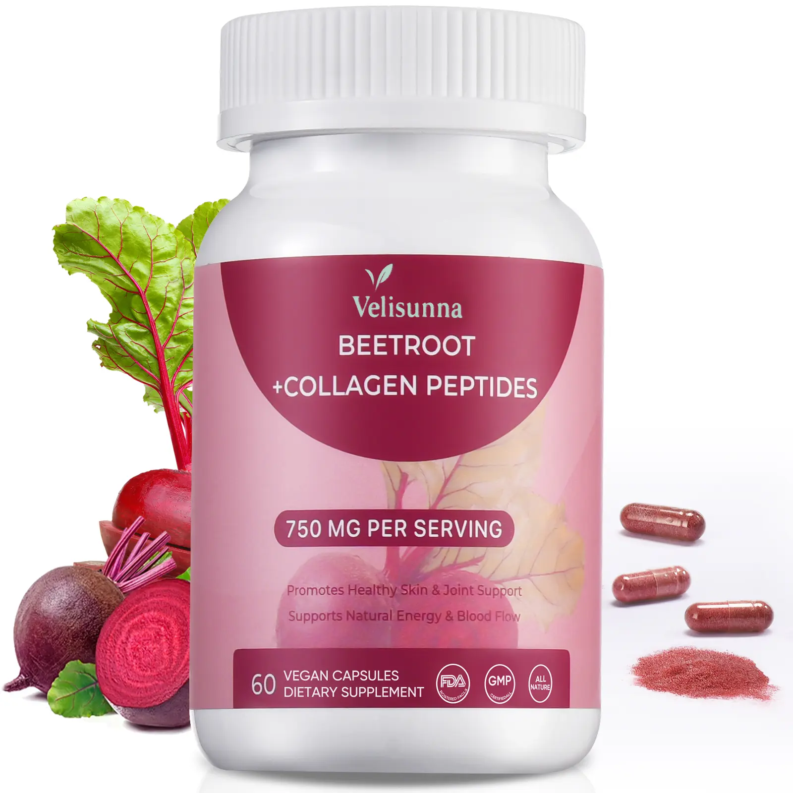Velisunna 750mg Beetroot + Collagen Peptides Capsules | Circulation Support, Healthy Skin & Joint Support | Daily Energy Support | Non-GMO | 60 Capsules (30-Day Supply) | For Men & Women