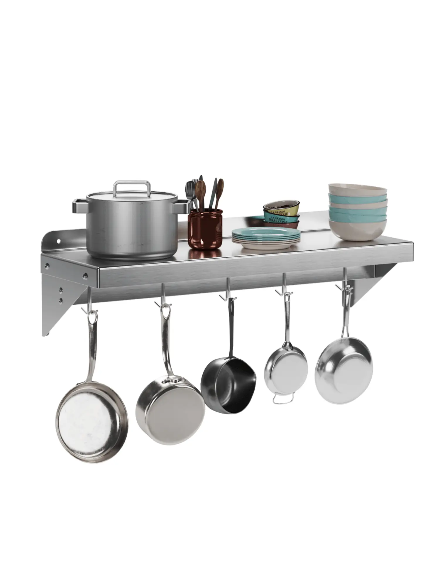 NSF Certified Corrosion-Resistant Stainless Steel Wall-Mount Floating Shelf (12x24 in) with 5 Hooks, 180 Lb Load Capacity, Commercial Kitchen & Garage & Bathroom Solution for Commercial Users, Storage System