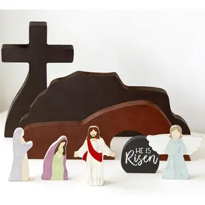Easter Empty Tomb Set 8-Piece Wooden Resurrection Scene with Cross & Figures He Is Risen Christian Easter Decor Color-Printed Tabletop Religious Decorations for Home Office Church