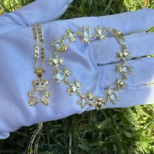 Bear Necklace and Bracelet Set with Adorable Bear Charms and Sparkling Details