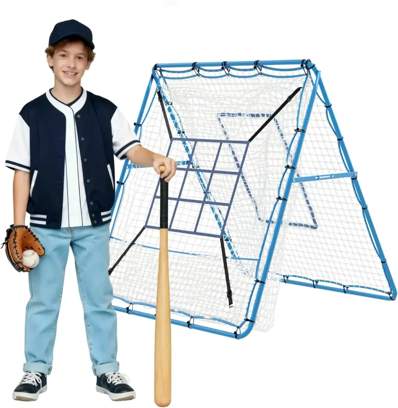 2-in-1 Baseball Pitching Rebounder Net, 5x4Ft with 9-Hole & Adjustable Angles, Easy Set-Up & Portable, Zone Practice Trainer for Softball and Baseball, Outdoor Soccer Training Equipment for Backyard