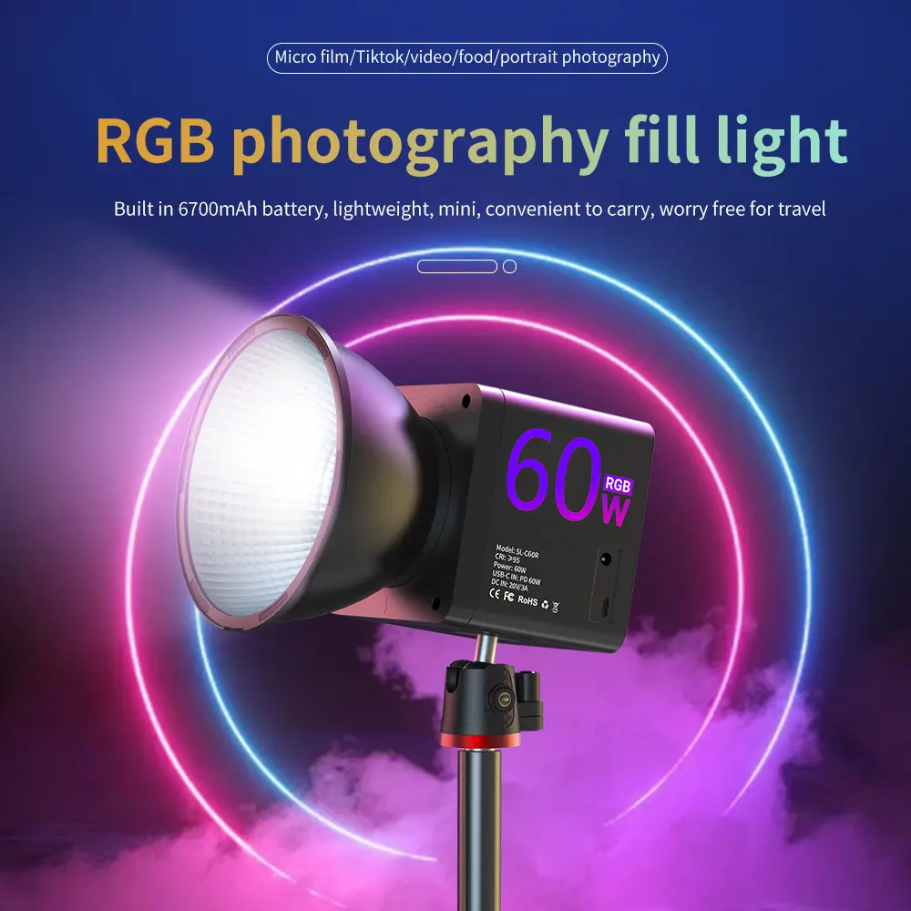 MAMEN 60W Full RGB COB LED Video Light - Portable Bi-Color 3200-6500K Fill Lamp with PD Charging, Bowens Mount Studio Lighting Kit (Stand Not Included) for YouTube Vlog, Outdoor Cinematic Content Creation, Led Lights