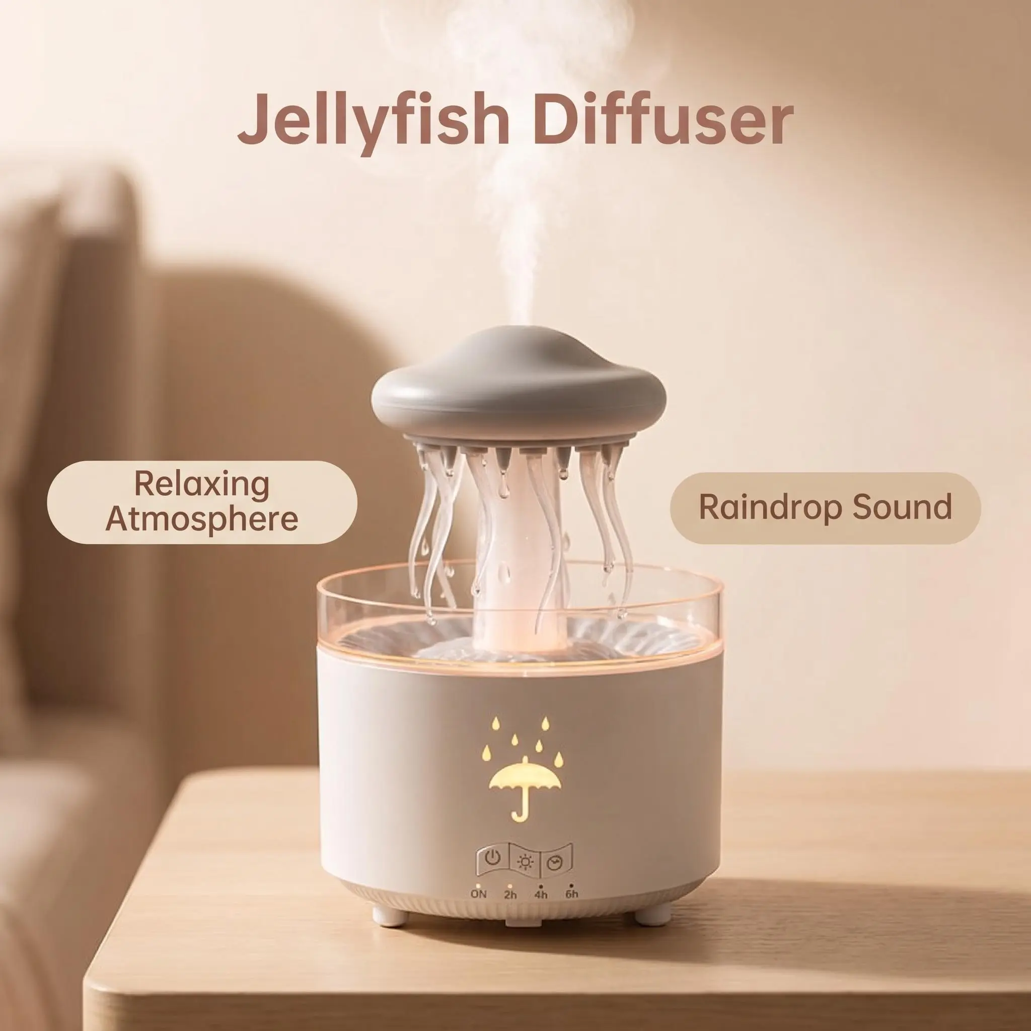 Ultrasonic Cool Mist Humidifier & Essential Oil Diffuser with Remote - Aesthetic Jellyfish Raindrop Design, 7-Color LED Night Light, Timer, Quiet Mister, Rain Sounds, ABS Plastic, Large Tank for Bedroom, Home Office