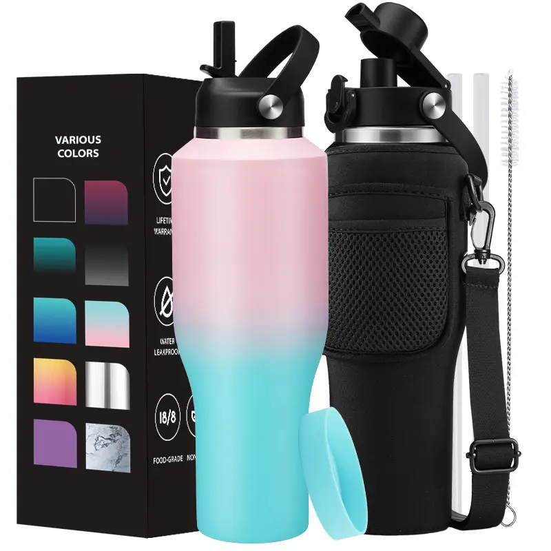 Portable Unisex 32/40oz Vacuum Seal Stainless Steel Insulated Water Bottle - Straw Lid, Pop-up Lid, Top Handle, Paracord Handle (Adds Quick Grab Power), Silicone Boot (Guards From Dirt), Sling, Iced Coffee Travel Mug (24h Hot/48h Cold)