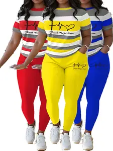 Women's Crop Workout Tracksuit Set-2025 New Plus Size Women's Two-Piece Set (0XL-5XL), Casual Color-Blocked Letter Print Crew Neck Short Sleeve T-Shirt and Pants Set with Pocket Pants