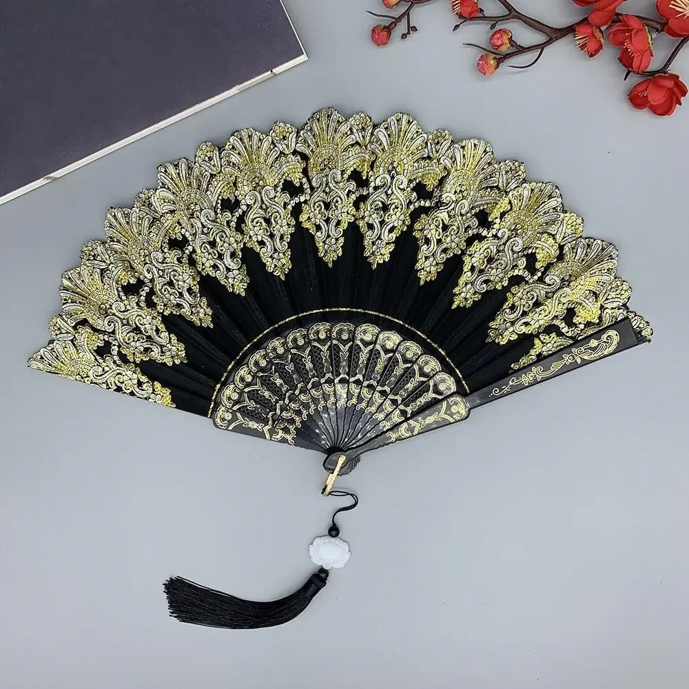Floral Portable Folding Fan, Traditional Chinese Silk Smooth Handheld Fan, Vintage Fringe Design, Dance Performance Prop, Holiday Gift, Decoration Items, Decorating