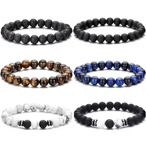 6pcs Natural Handmade 8mm Bead Stretch Bracelets, Vintage Bohemian Style Jewelry Accessory For Men And Women