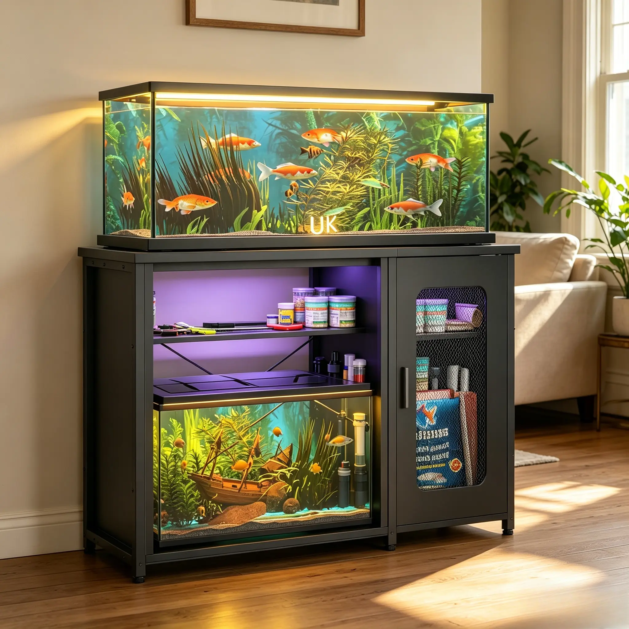 Homieasy Reversible Fish Tank Stand with Cabinet for Fish Tank Accessories Storage, 55-75 Gallon Aquarium Stand with Power Outlets & LED Light, Heavy Duty Metal Frame, 880LBS Capacity