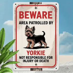 Vintage Yorkie Dog Patrol Warning Metal Tin Sign Humorous Yorkshire Terrier Wall Decor Durable Aluminum Indoor Outdoor Home Bedroom Bathroom Dorm Playful Design