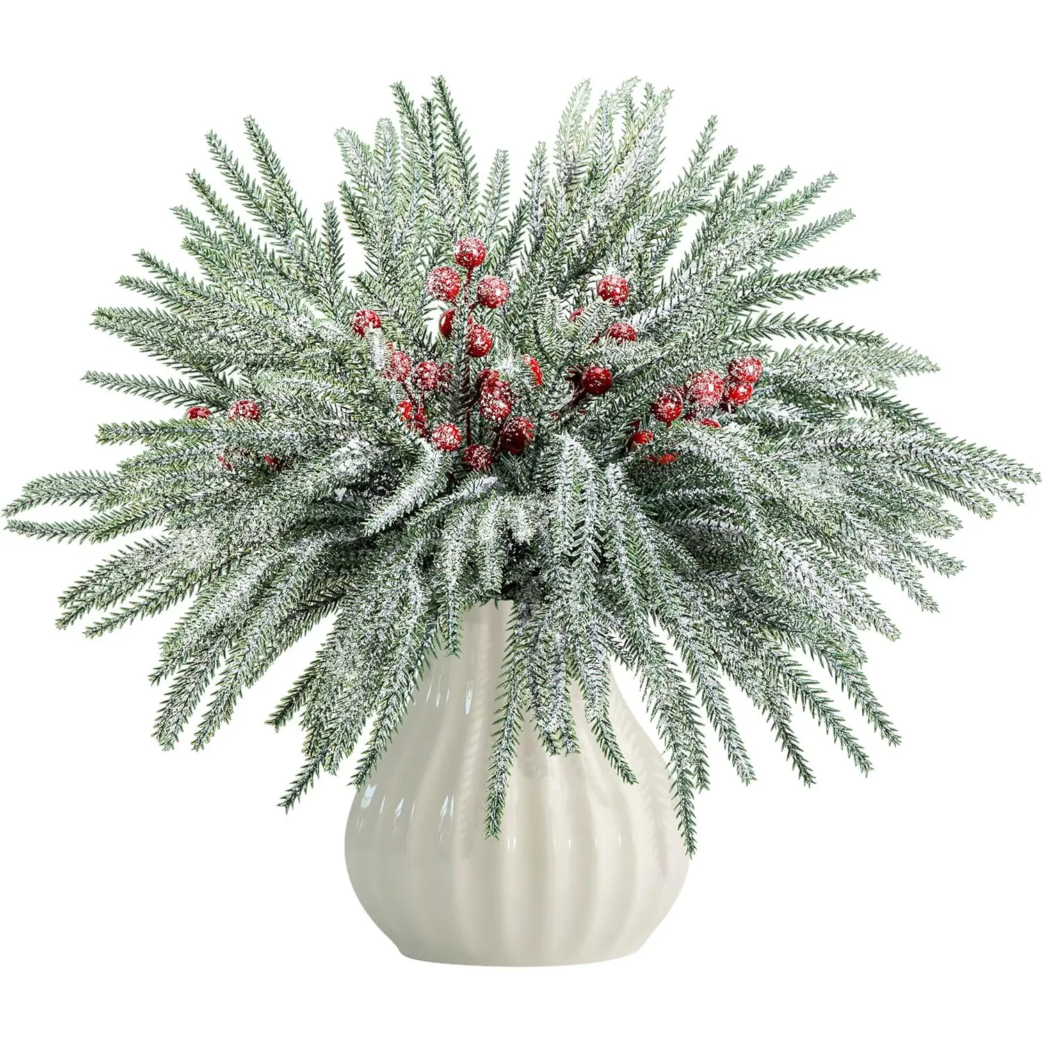 60 Christmas Snow Norfolk Pine Branches with Berries Stems, Artificial Christmas Tree Needles, Matte Norfolk Pine Stems Home Decor, Dining Table Centerpiece