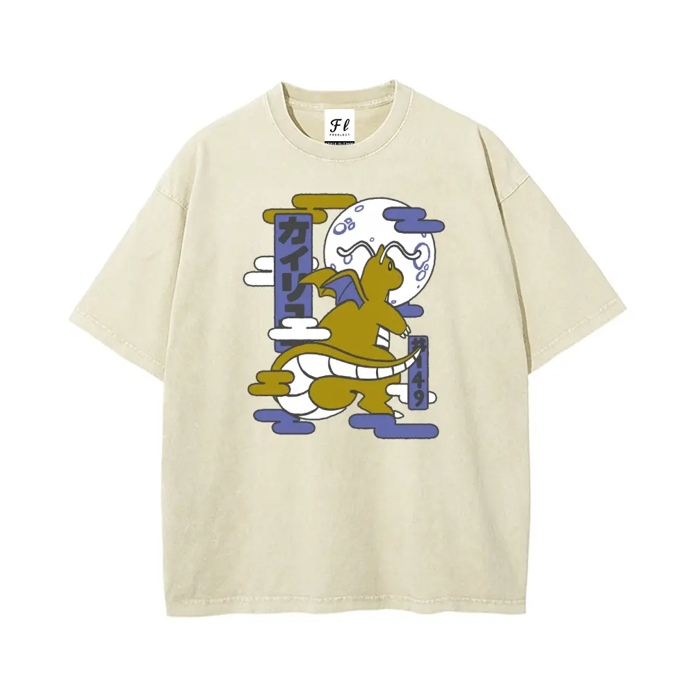 Men's Vintage Graphic T-Shirt with Ukiyo-e Dragonite Print, Soft Washed Cotton, Oversized Anime Streetwear Top, Tshirt, Mens Clothing