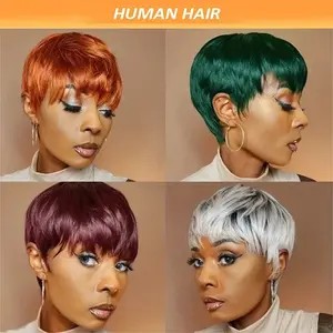 Wholesale New Fashionable Color Pixie Wigs for Women Short Human Hair Wigs with Bangs Glueless Human Hair Pixie Cut Wig with Color 4 inch Straight Layered Pixie Cut Wig Silvery Grey/ Bright Red/ Dark Green/ Tangerine Ginger Multicolor Wig