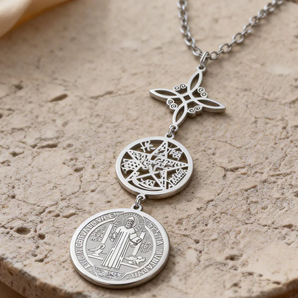 Stainless Steel Triple Protection Amulet Necklace, Culturally-Inspired Emblem Jewelry with Witch Knot, Pentagram, Tetragrammaton, St. Benedict Spiritual Symbols (Amulet Necklaces), Culturally-Inspired Necklaces