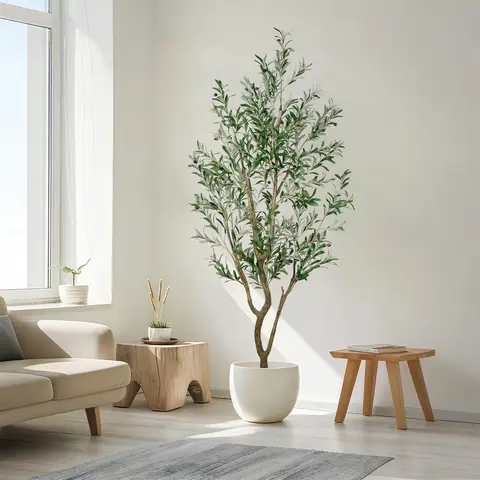 VITALISMO Lifelike Faux Olive Tree Artificial Greenery, 5.25-6-7FT Tall Chic Decorative Plant with Multiple Branches & Leaves, Chic Home Decor for Home Office Entryway, Garage Room Accessory