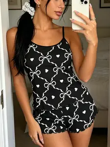 Base Bow Heart Print Pajama Set, Sleeveless Slim-Fit Sleepwear, Loungewear, Sweet Cool Girl Style, Breathable Home Wear