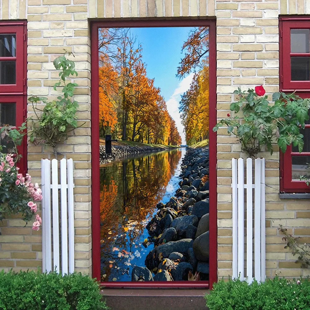 2pcs Autumn Forest Canal Landscape Wall Sticker Nature Scenery Home Decor Sticker Living Room Bedroom Entrance Wall Decal Removable Self Adhesive Wallpaper Art Decor for Home Decoration