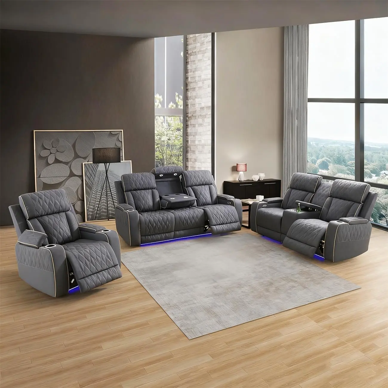 Power Recliner Sofa for Living Room Furniture,Leather Reclining Chair with LED Lights/USB Ports/Hidden Storage,Leather Couch for Living Room/Home Theater Seating
