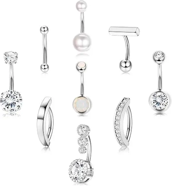 9 Pcs Belly Button Ring - Surgical Stainless Steel CZ Belly Rings Clicker Belly Piercings for Women Navel Piercing Jewelry Pack