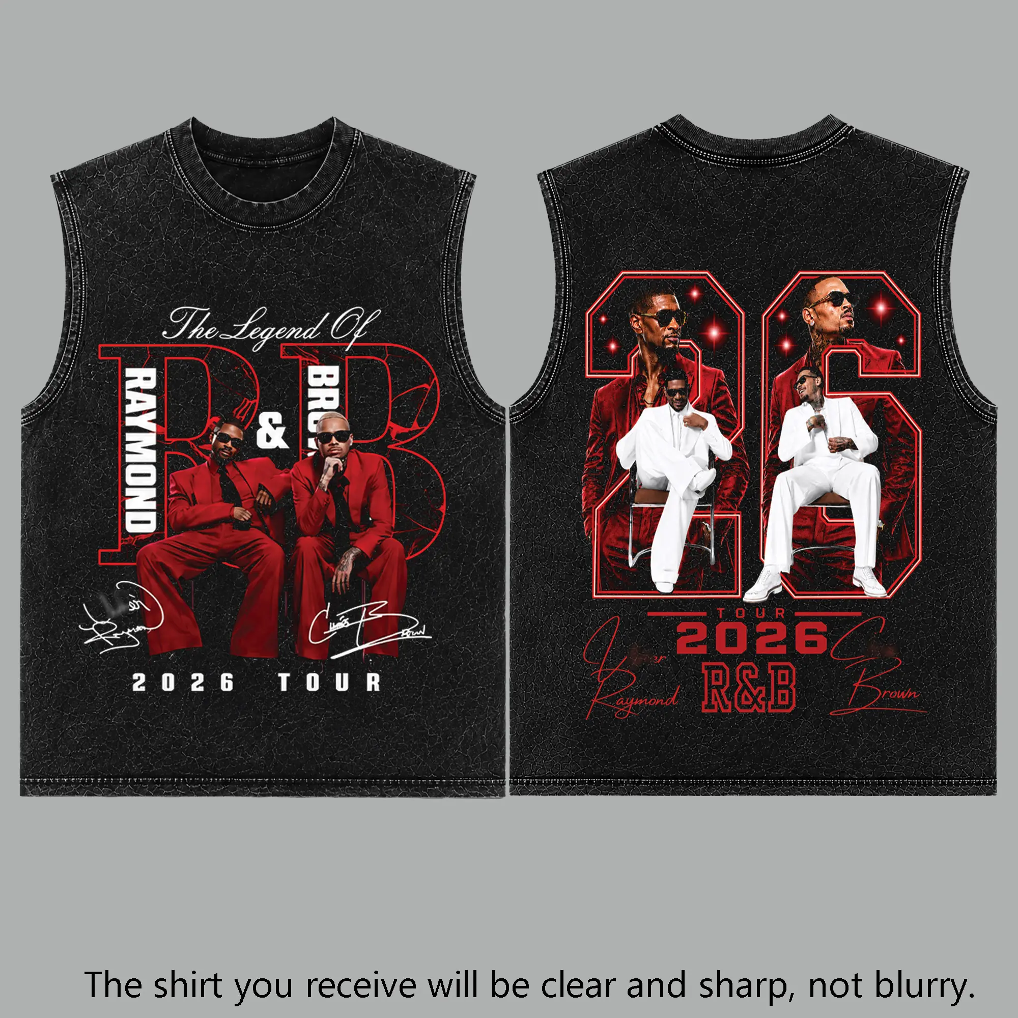 Men's Raymond & Brown The R&B Tour 2026 V25 Premium Acid Washed 100% Spandex Fabric Stretch Casual Hoodie Tank Top, Graphic Tee for Music Duo Fans, Urban Hip Hop Soul Streetwear, Concert Merch Gift