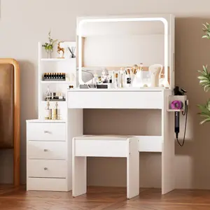 【Bellemave】Vanity table with LED-lit mirror with power outlet and hairdryer shelving, with 4 drawers and upholstered stool, brightness adjustable in 3 lighting modes, storage table, White,43.3"L *15.7"W *55.4"H