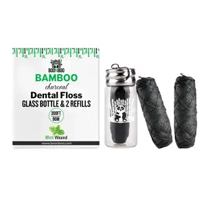 BOONBOO Dental Floss | Refillable Glass Bottle + 3 Threads | Total 300FT/90M | Bamboo Charcoal Woven Fiber & Vegan Waxed | Teeth Flosser Dispenser with Threaders
