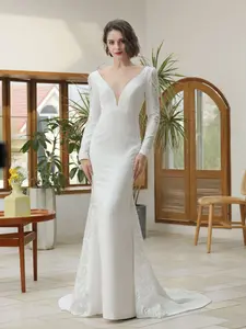 Low V-Neckline Crepe Fit & Flare Wedding Dress | Silvia