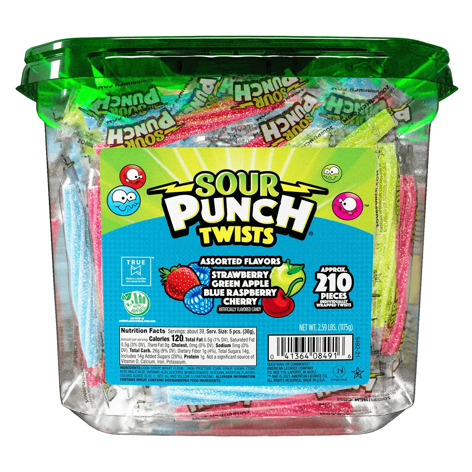 Sour Punch Twists, 3" Individually Wrapped Candy, Assorted Flavors, 2.59LB Tub