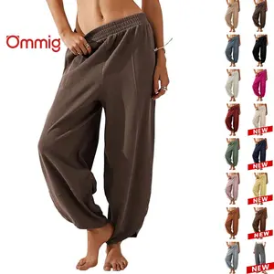 Ommig Womens Baggy Wide Leg Pants Casual Elastic Waisted Palazzo Harem Pants with Pockets