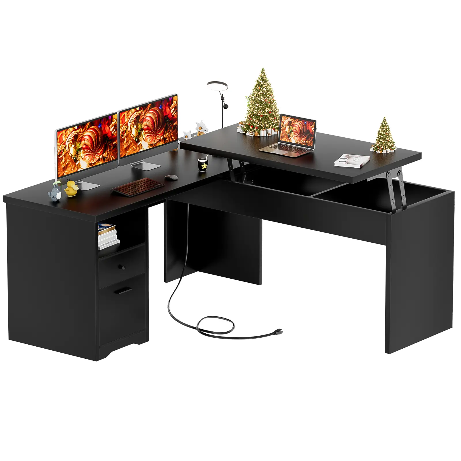 Ergonomic Adjustable L-Shaped Standing Desk - Thick Wood Corner Home Office Desk for Dual Monitor, Gaming, Streamer Setups with Power Outlets, USB Charging, Drawers, Lift Top Storage Workstation, Ergonomic Adjustable Desk, L Shaped Desk