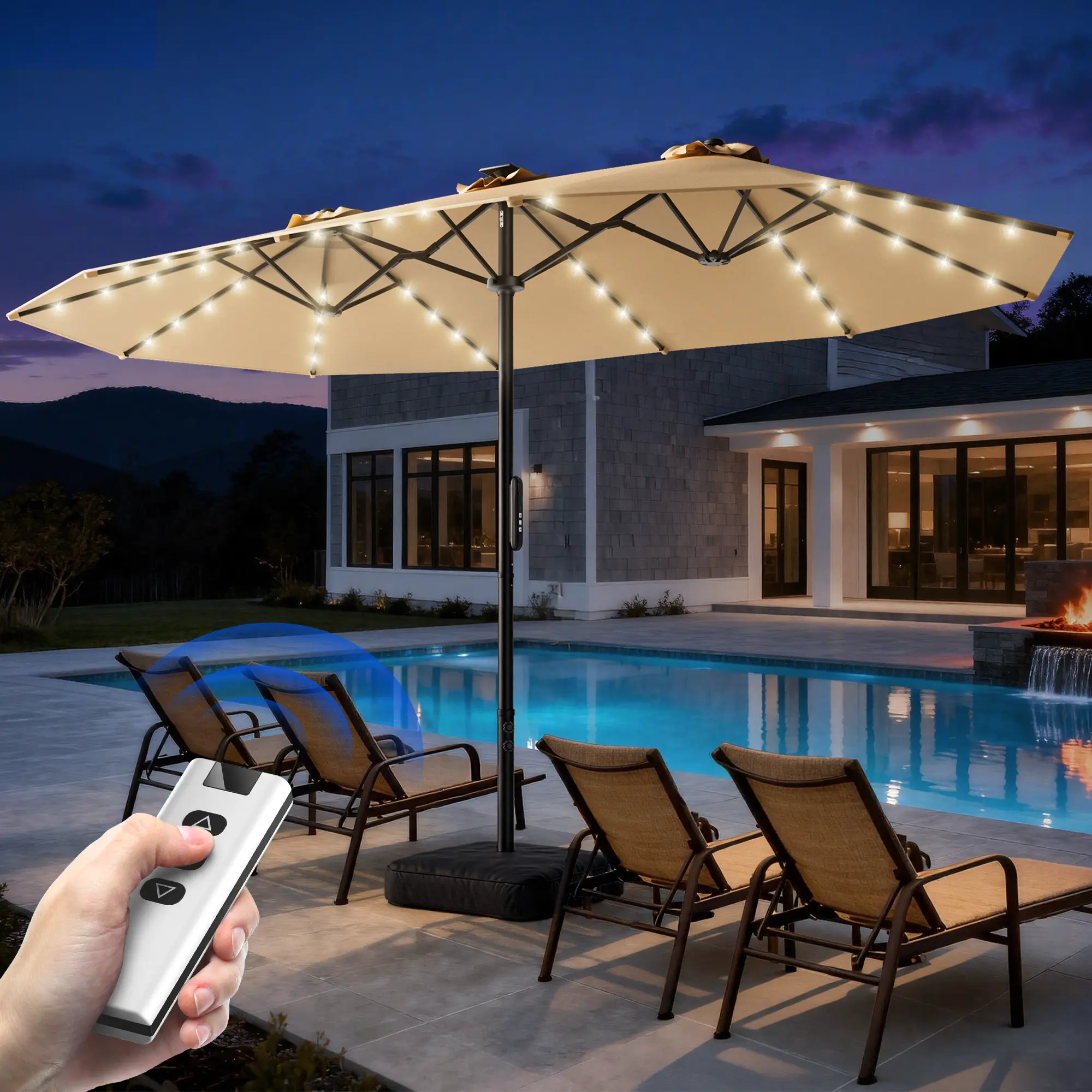 [Auto-Open] 9x15ft Electric Double-Sided Patio Umbrella with Solar LED Lights, Base, Remote Control, 30° Tilt, Corrosion Resistant, Beige - Assembly Required Umbrellas for Outdoors for Backyard Gatherings, Backyard Pool Deck, Umbrellas For Patio, Sun Prot