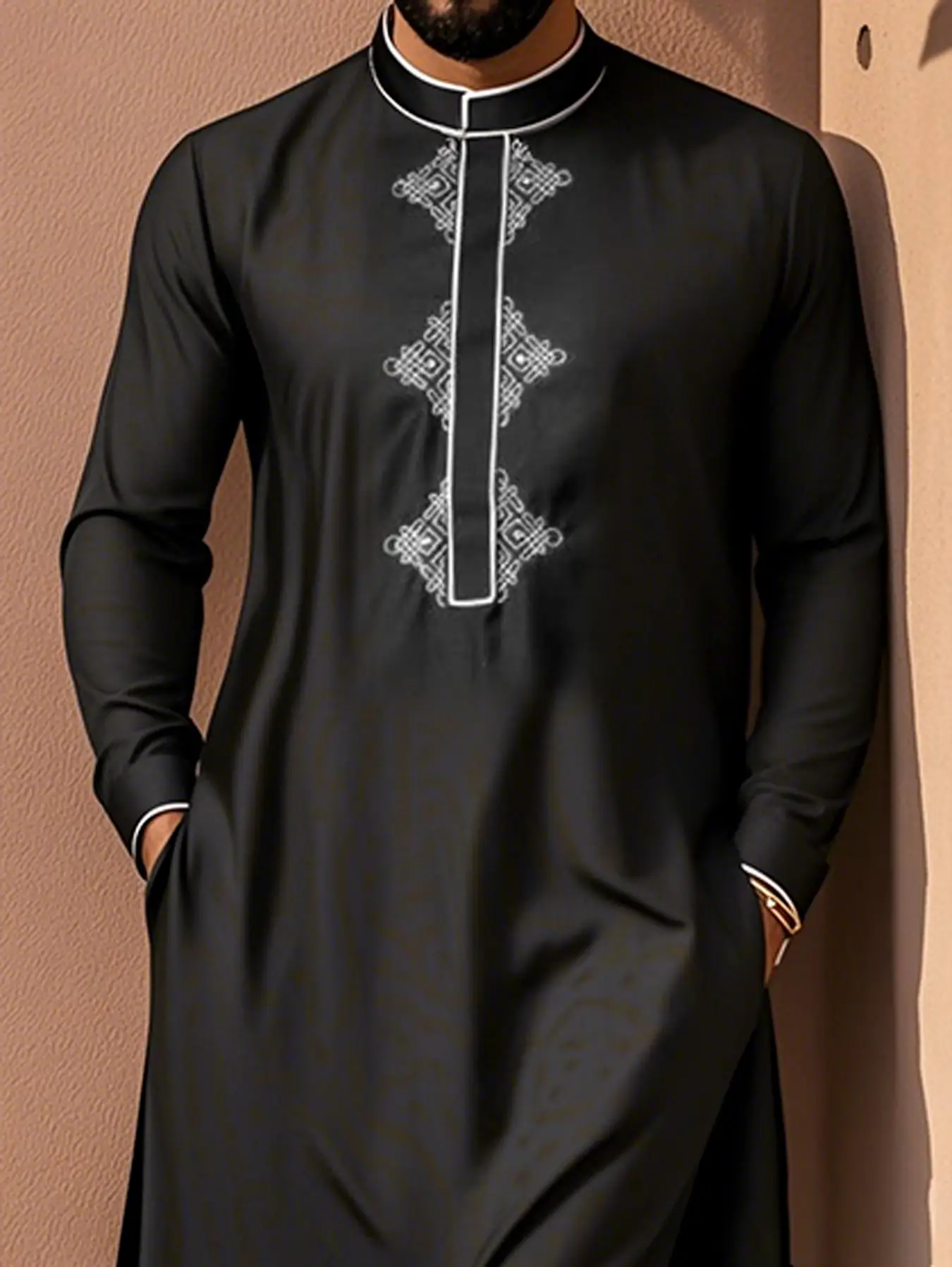 Men's Black Muslim Thobe - Embroidered Kaftan Robe with Pockets for Eid & Daily Modest Wear
