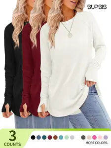 2026 Women's Casual Loose-Fit Tunic Top, Long Sleeve Thumbhole Shirt, Crew Neck Design, All-Season Comfortable Fabric,spring break outfits,spring fashion