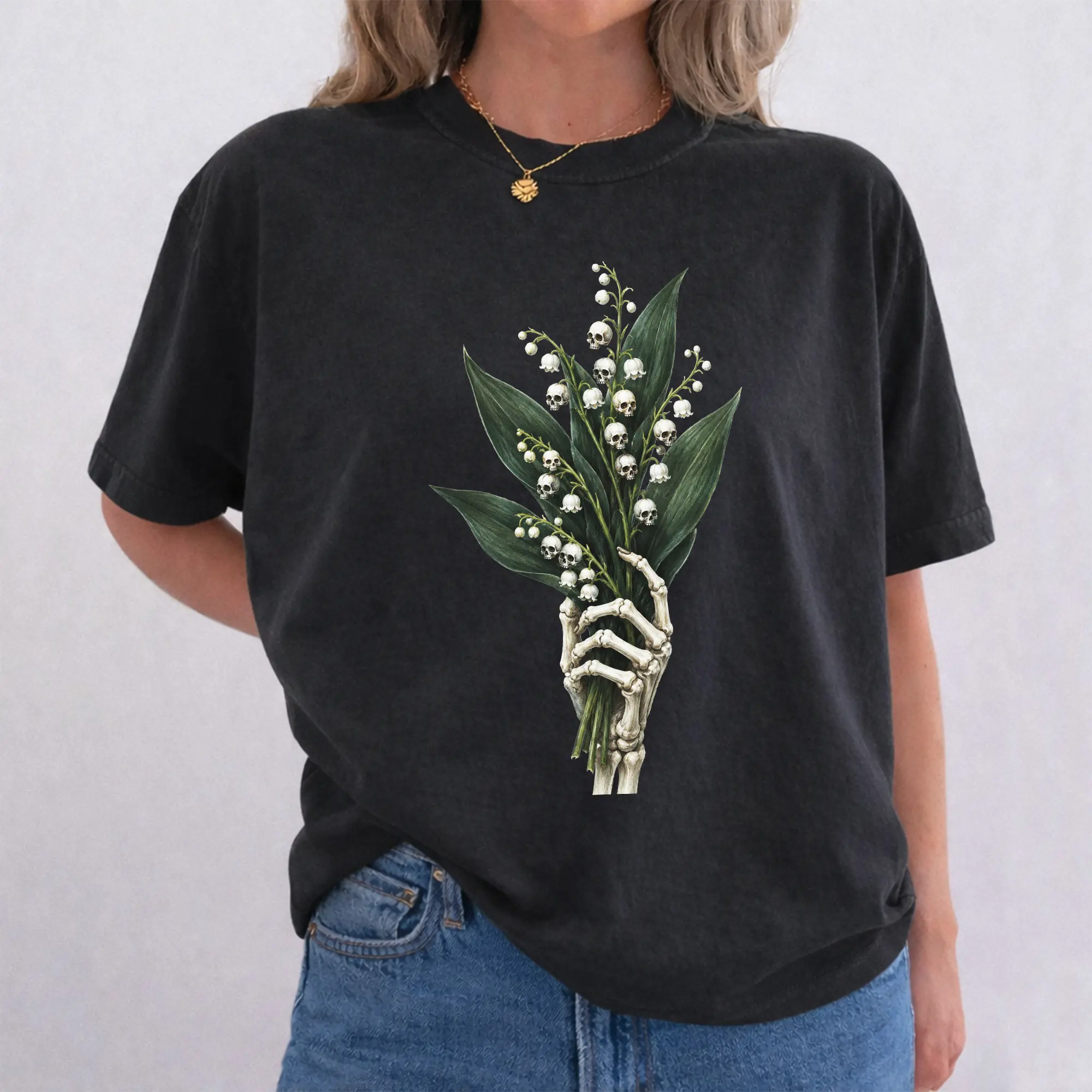 ChicCotton Dark Lily Of The Valley Shirt, Gothic Botanical Heavyweight Cotton T-shirt, Witchy Botanical Graphic Tee, Dark Cottagecore Clothing