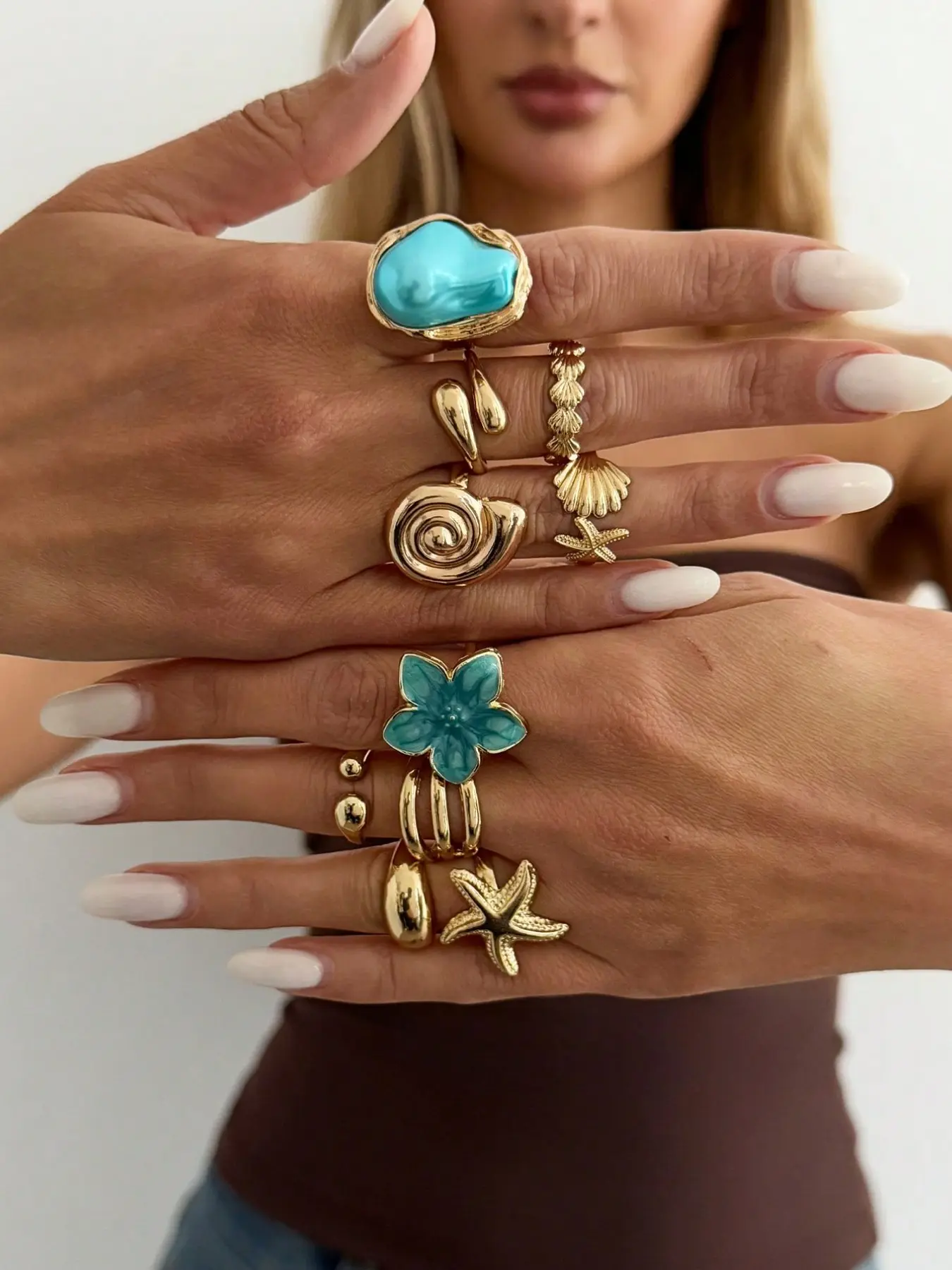 10 Pcs Boho Beach Starfish Ring Set, Alloy Flower Stackable Finger Rings, Party Jewelry, Gift for Holidays, Birthday and Beach