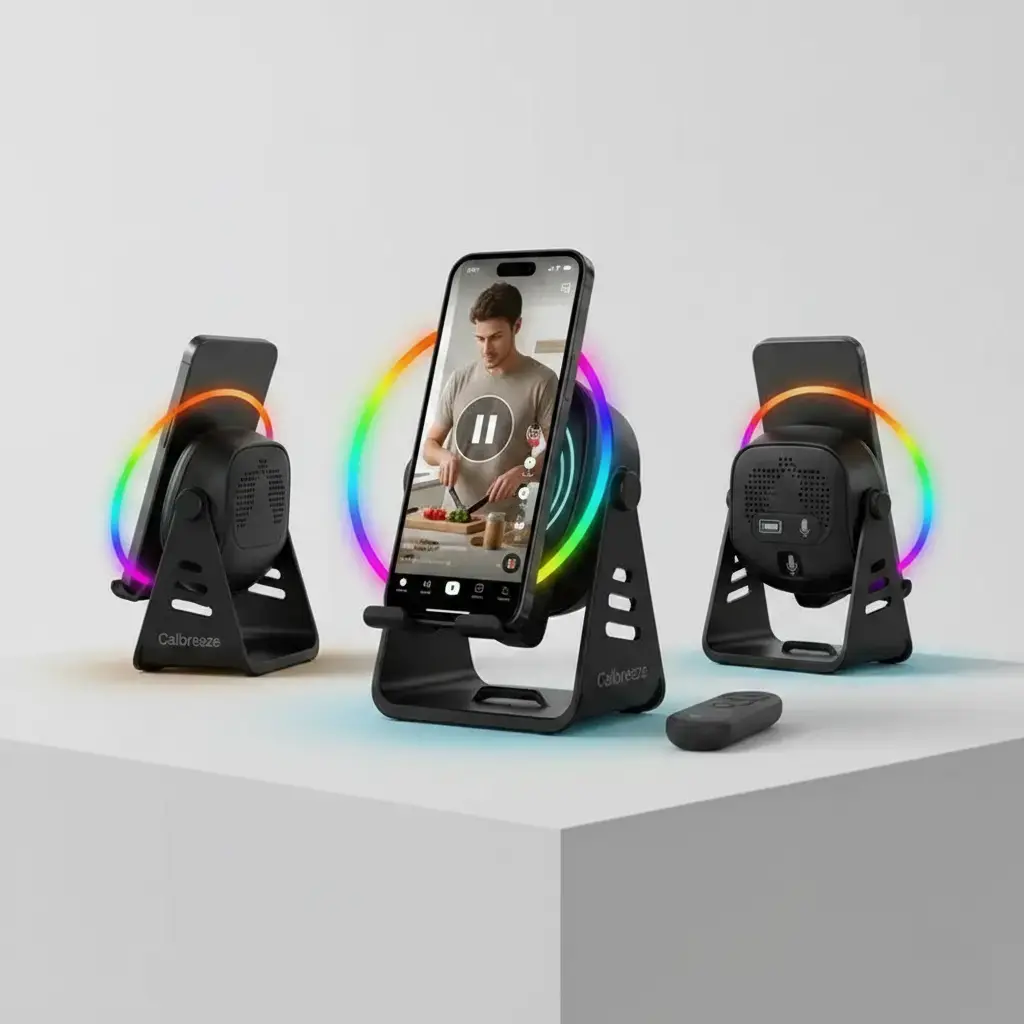 BrawRing [7-in-1 Upgrade] Wireless Induction Speaker Phone Stand with Remote Control, microphone speaker,3500mAh Emergency Power Bank, 360° Rotating Cellphone Tablet Holder with RGB Ambient Light, Perfect Gadget Gifts Black