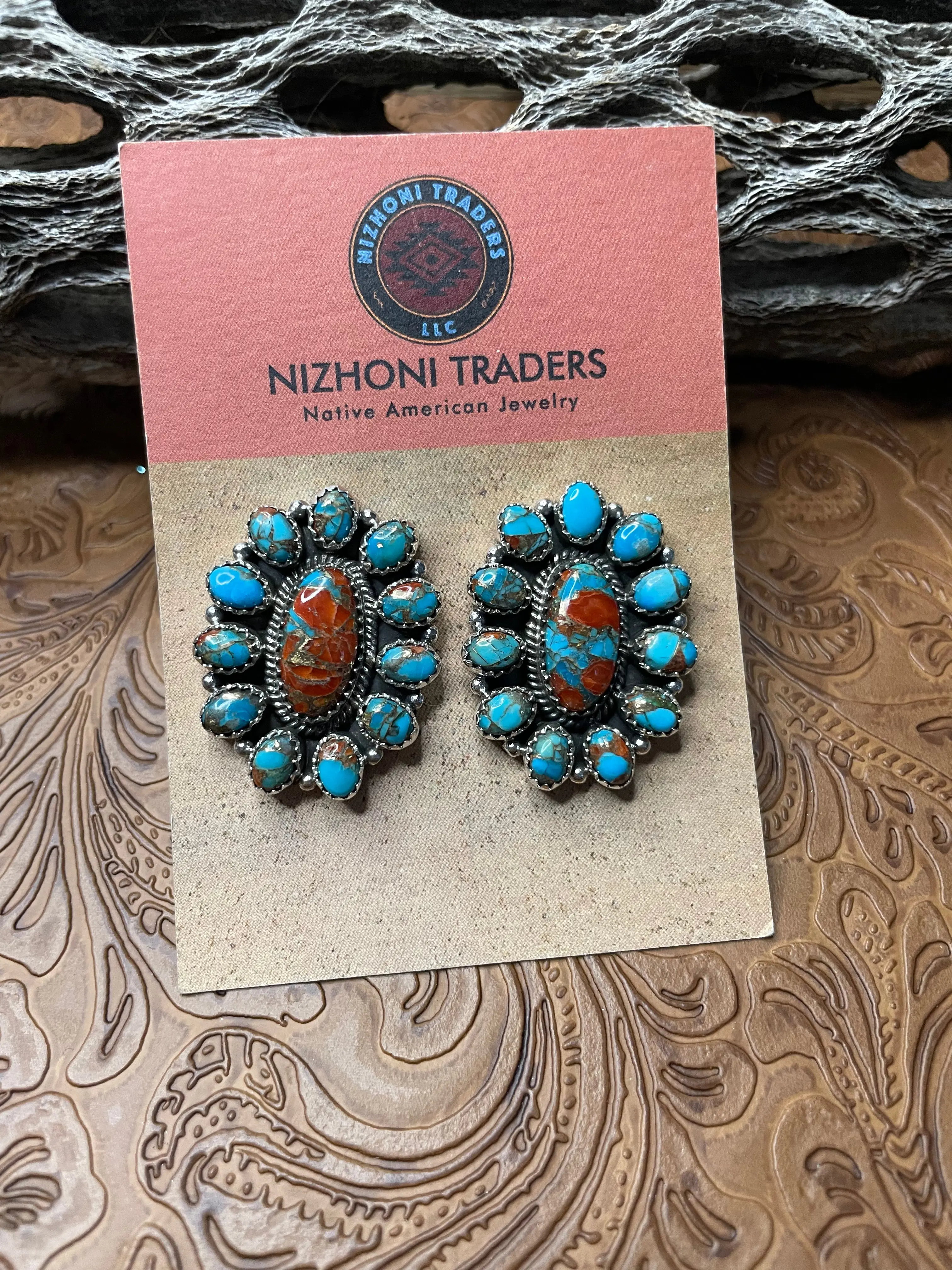 Handmade Sterling Silver And Coral Mojave Cluster Earrings •99