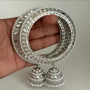Bollywood Style Silver Mirror Pearl Bangles Set 2.8 size - Punjabi Mirror Chuda Bangles Set, Indian Wedding Chuda Set for Bridal Accessories jewelry lovers