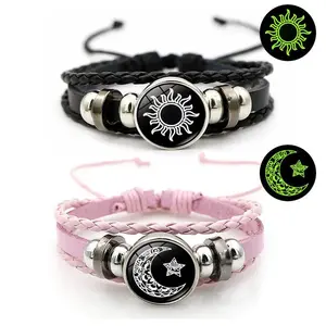 Sun Moon Lover Leather Bracelet Vintage Punk Multi Layer Beaded Weaving Unisex Glow in the Dark Couple Gift