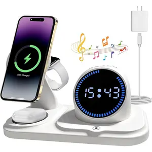 6-in-1   Station with  Speaker,Digital Clock and Ambient Lights,  Charger for for Multiple Devices for  -  17 16 15 14 13 12 Pro Max  Watch Airpods