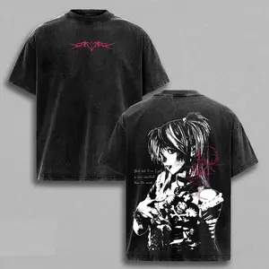 Unisex Menswear Round Neck Short-Sleeve T-Shirt - Misa Amane Death Note Vintage Washed Gothic Anime Graphic Top, Dark Aesthetic Oversized Streetwear Couple Tee Casual Black Solid Shortsleeve