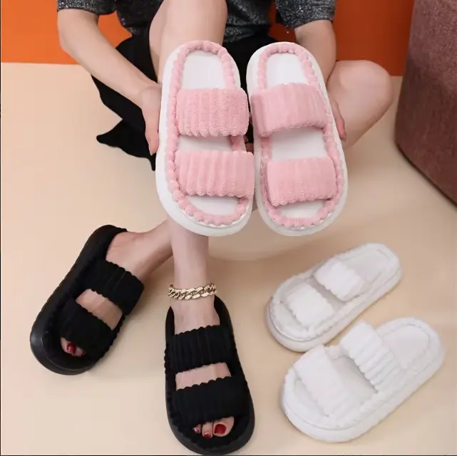 Cozy Pink Women's Slippers - Plush Double-Band, Non-Slip EVA Sole, Comfortable Indoor Home Shoes, Soft Fabric Lining for Winter Warmth, Ladies Slippers