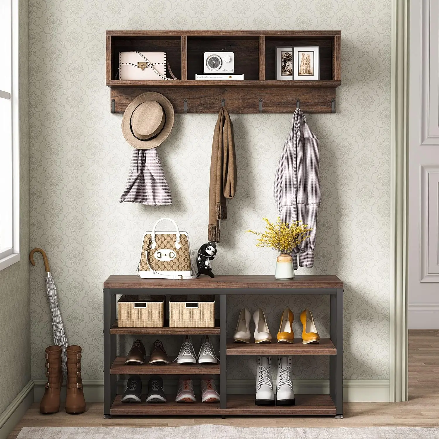 Tribesigns Entryway Coat Rack Shoe Bench Set 5 In 1 Organiser Coat Rack wiht Hanging Hooks Storage Shelves Decor