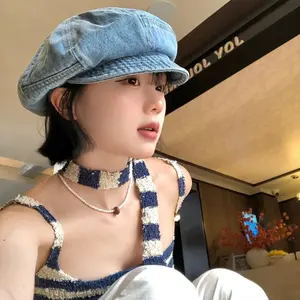 Fashion Vintage Washed Denim Beret Cloud Newsboy Octagonal Cap Visor Artist Peaked Hat Women