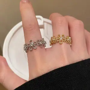 Adjustable Hollow Lace Flower Ring | Women’s Vintage Light Luxury High-End Design | Daily Wear Index Finger Statement Band toe Retro Goku Black cover Gold Plated Minimalist Stacking
