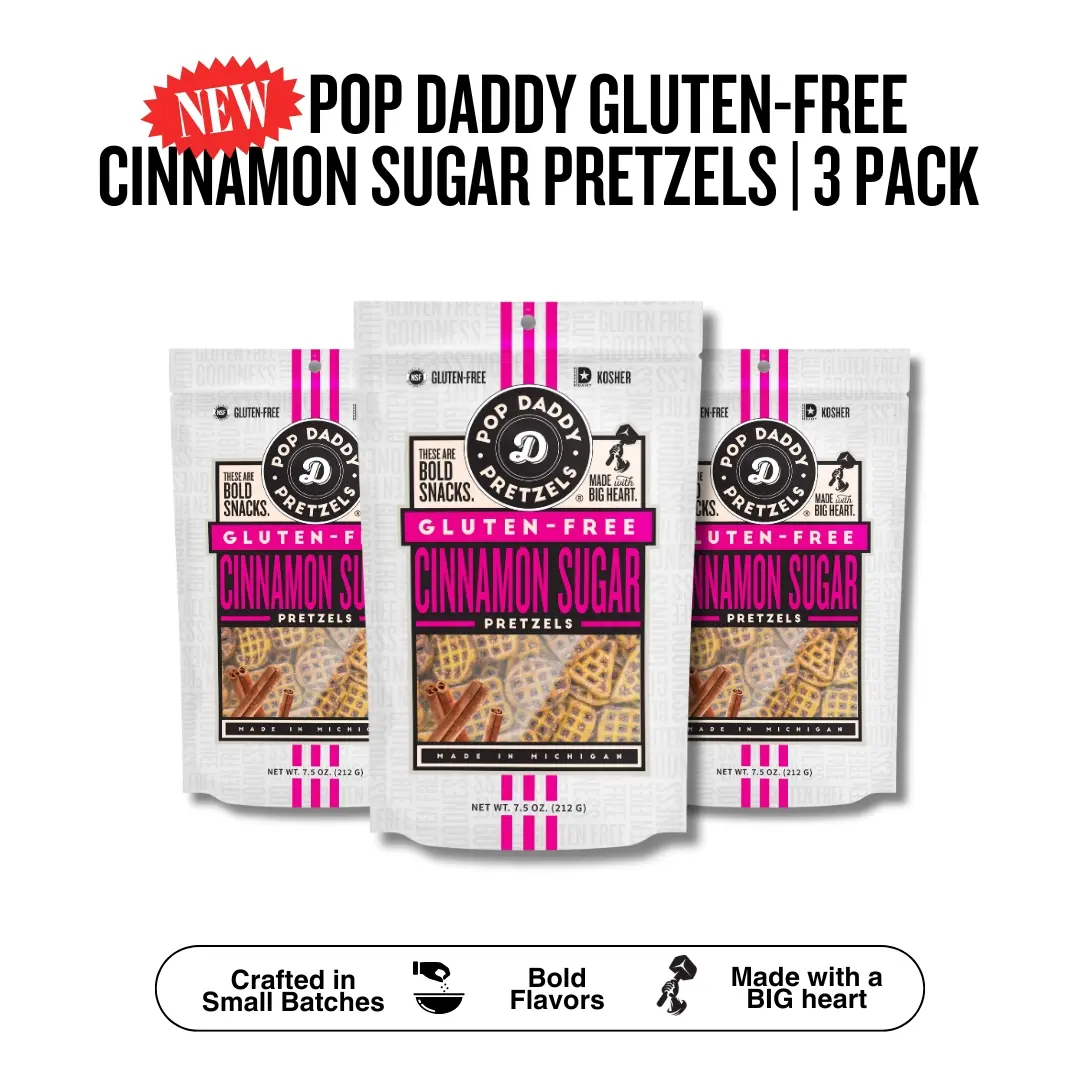 Pop Daddy NEW Gluten-Free Cinnamon Sugar Pretzels | 3 pack | 7.5oz bags | Snack Crispy Crunchy Sweet